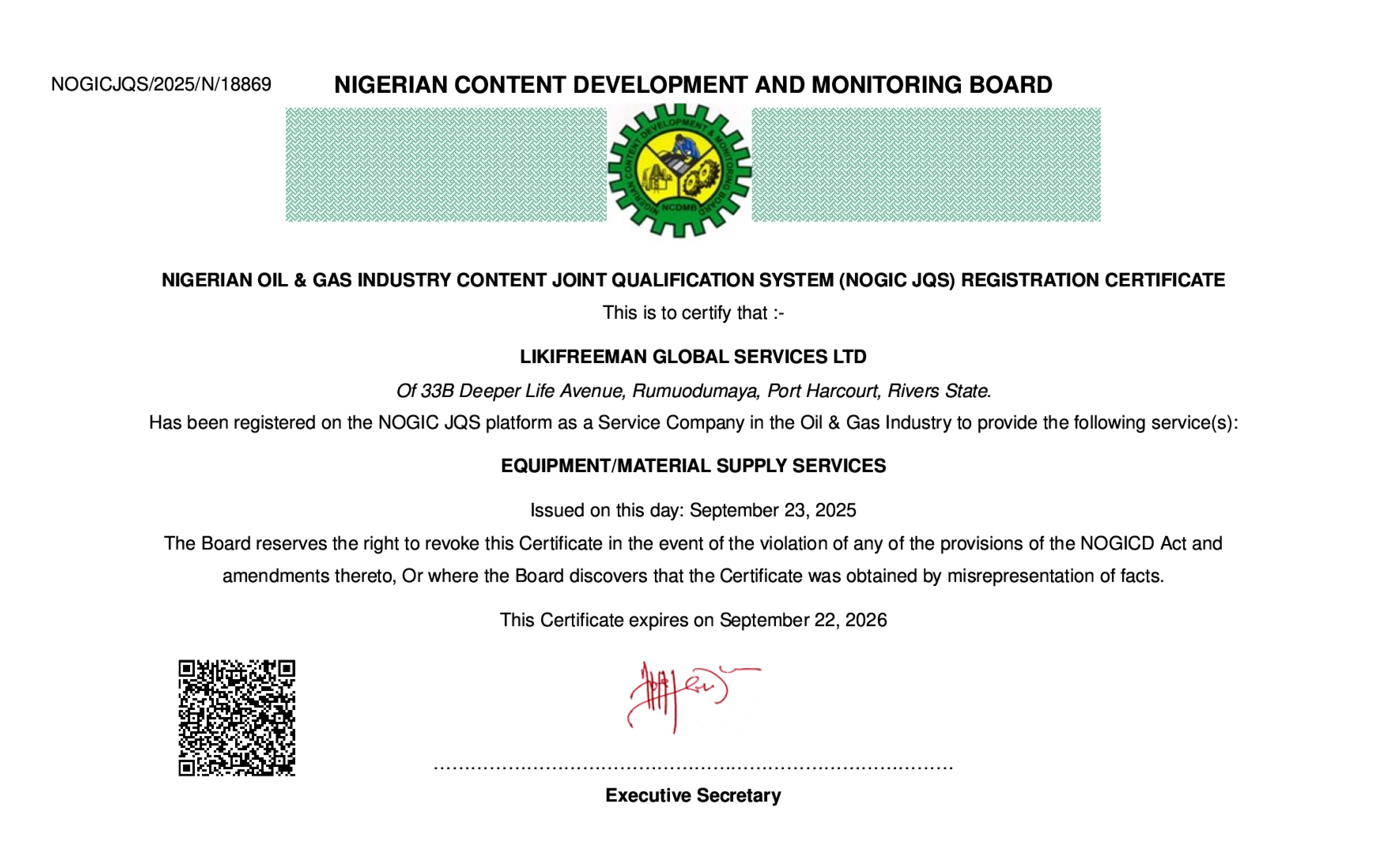NOGIC JQS registration certificate
